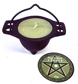 Sage candle in cauldron