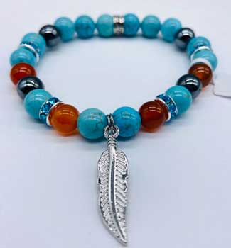 8mm Turquoise, Red Agate, Hematite with Feather